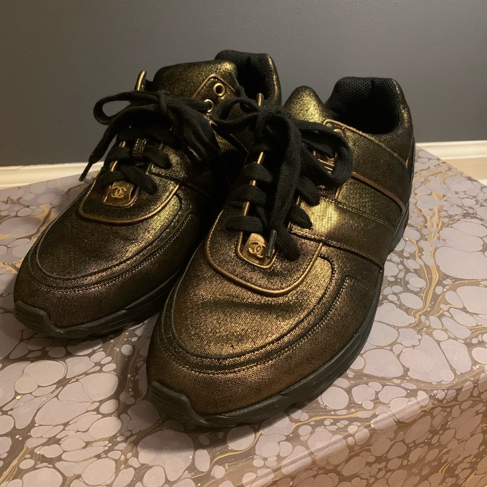 CHANEL Gold and Black Sneakers - Picture 2 of 6